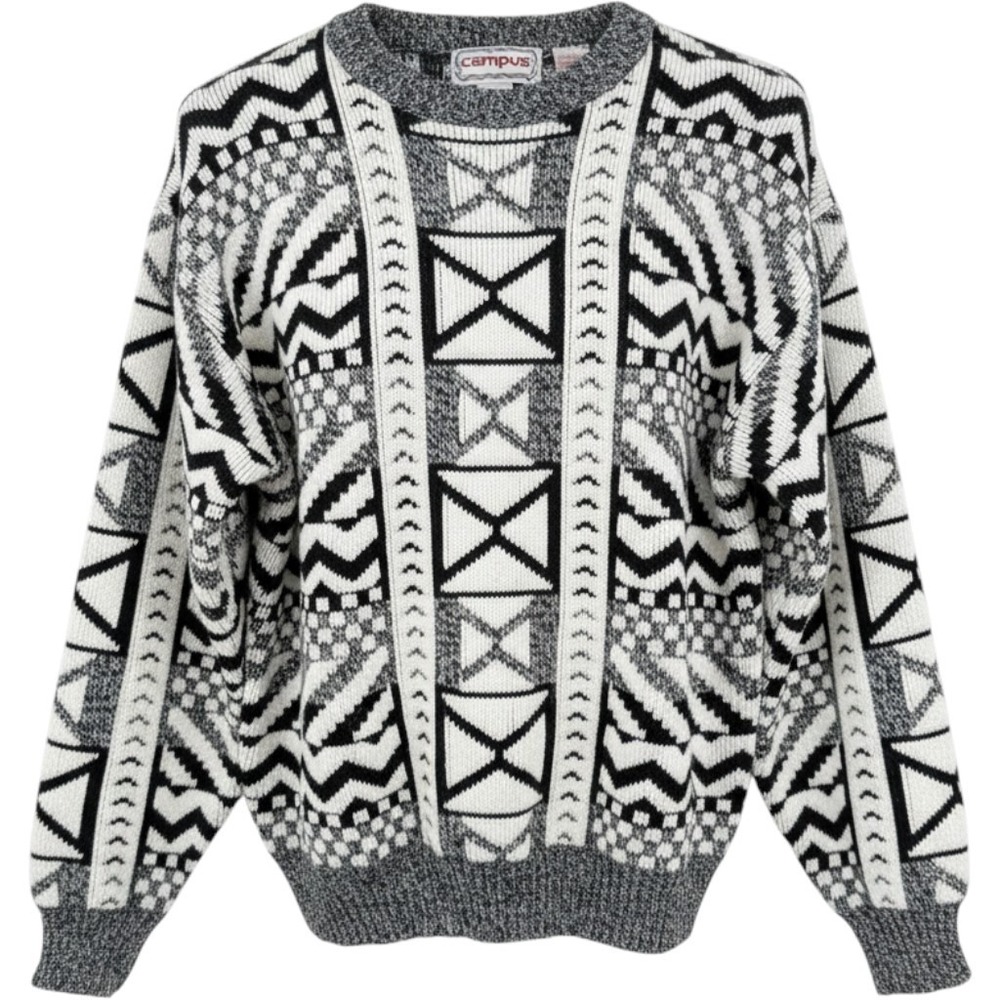 Campus Mens Large Geometric Abstract Knit Sweater Black White Large Vintage VTG
